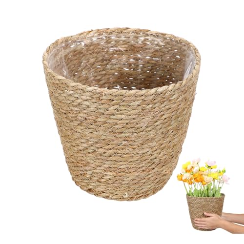 Balacoo 8.66" Woven Plant Basket with Waterproof Liner - Indoor Boho Straw Planter Pot for House Plants, Rustic Decorative Wicker Basket for Flower Gardening & Home Organization