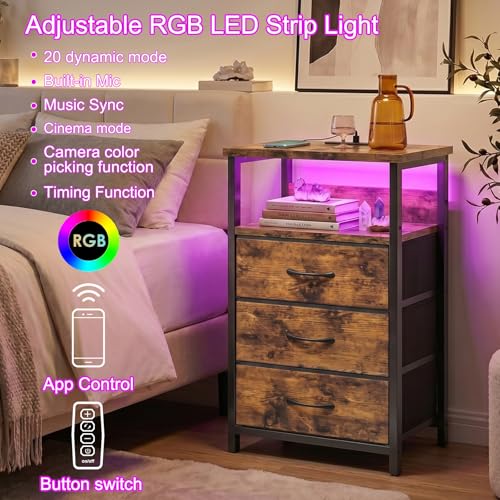 Image of Fixwal Night Stand with Charging Station, LED Nightstand with Fabric Drawers, End Table with PU Finish, Bed Side Table, Rustic Brown
