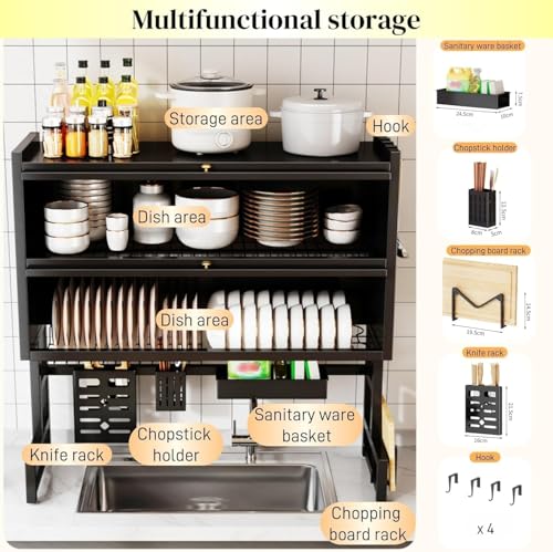 Image of HomeCloud Over-The-Sink Dish Drying Rack with Dustproof Flip Cover Door | Easy DIY Assembly with Video Guide in Listing & Manual Inside the Box | Approx. 15-Minute Installation (Black, 90x85x28Cm)