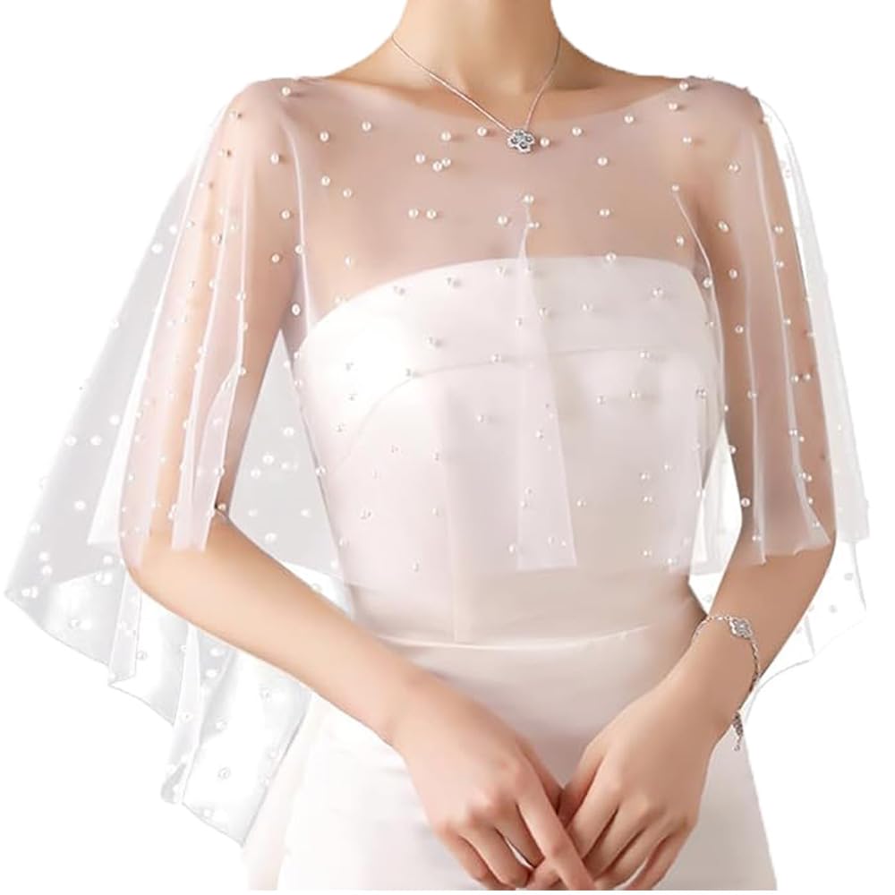 Capa de tul con cuentas de organza suave, capa de gasa elegante capa corta con perlas sintéticas, bufanda de cuello nupcial para novia, fiesta, boda, vestido de noche (1#)