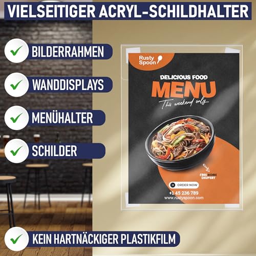 Acryl-Schilderhalter zum Einklemmen, A4 - Hoch- oder Querformat, durchsichtiger Wandrahmen, perfekt für Zuhause, Büro, Geschäft, Laden, Restaurant, mit Klettverschluss zur Wandbefestigung (A4-3 Pack)
