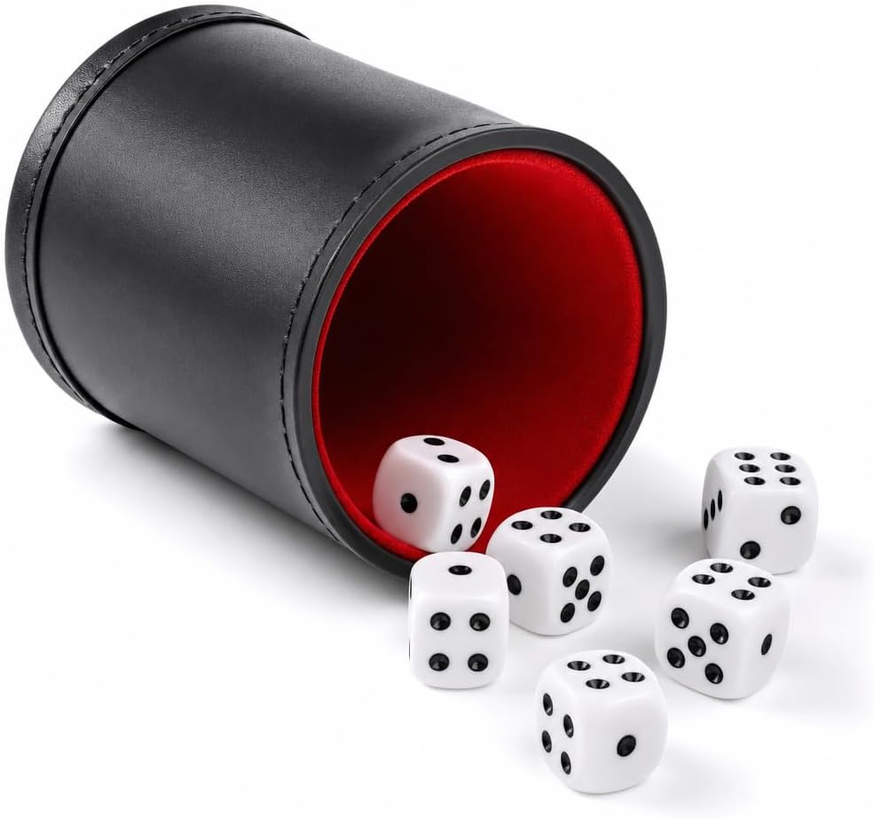 Felt Lined Pu Leather Dice Cup Set with 6 Dot Dices (Black, Pack of 1)