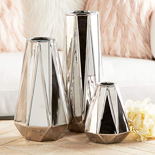 Cosmoliving By Cosmopolitan Ceramic Geometric Vase, Set Of 3 13", 11", 6"H, Silver #TOP1