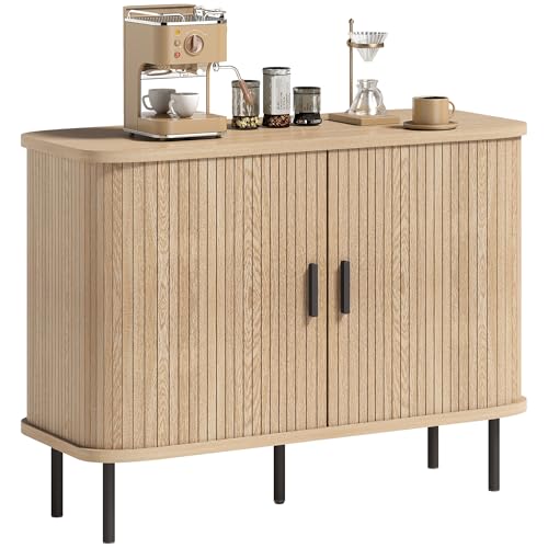 HOMCOM Buffet Salon, Meuble de Rangement avec 2 Portes coulissantes en Tambour à Lattes et 4...