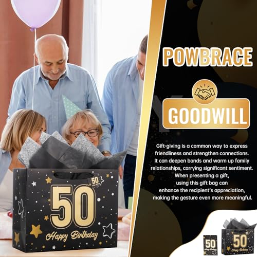 Image of Powbrace 13 inch Black 50th Birthday Gift Bag with Tissue Paper and Greeting Card for Party,Happy Birthday Gift Bag for Men Women,Gift Bags Medium size(1 Black 50th)