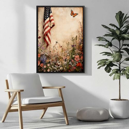 Image of American Flag Framed Canvas Wall Art, 4th of July Canvas Prints, Wildflower Field with Butterfly Patriotic Decorations, Rustic Farmhouse Independence Day Wall Decor for Bedroom Living Room 8x10