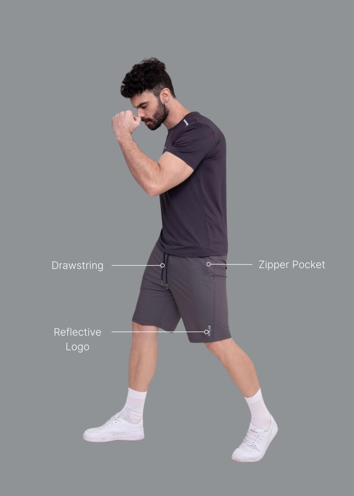 STRCH Men's Sports Shorts | Regular Fit Activewear Shorts | Nylon Stretch Gym, Running & Training | Mid Rise Drawstring Waist | Above Knee Workout Short | Dark Grey