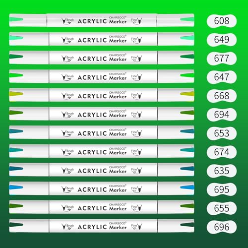 Image of Green Tones Acrylic Paint Pens, 12 Colors Markers Set with Soft Brush & Bullet Tip, for Rock, Painting, Wood, Glass, Ceramic, Canvas, Stone, DIY Crafts, Making Art Supplies, Fabric Paint