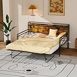 Bonnlo Daybed, Sofa Bed Double with LED and Outlet, Trundle Bed with Storage, Single Metal Bed Frame Fits 90 * 190 Mattress, 3FT DayBed for Kids, Teens, Adults, Brown