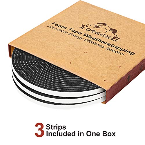 Yotache Foam Tape 3 Strips Total 50 Feet Long 1/4 Inch Wide X 1/8 Inch Thick, Weather Stripping For Doors And Window High Density Foam Seal Tape Sliding Door Weather Strip, 3 X 16.5 Ft Each #TOP2