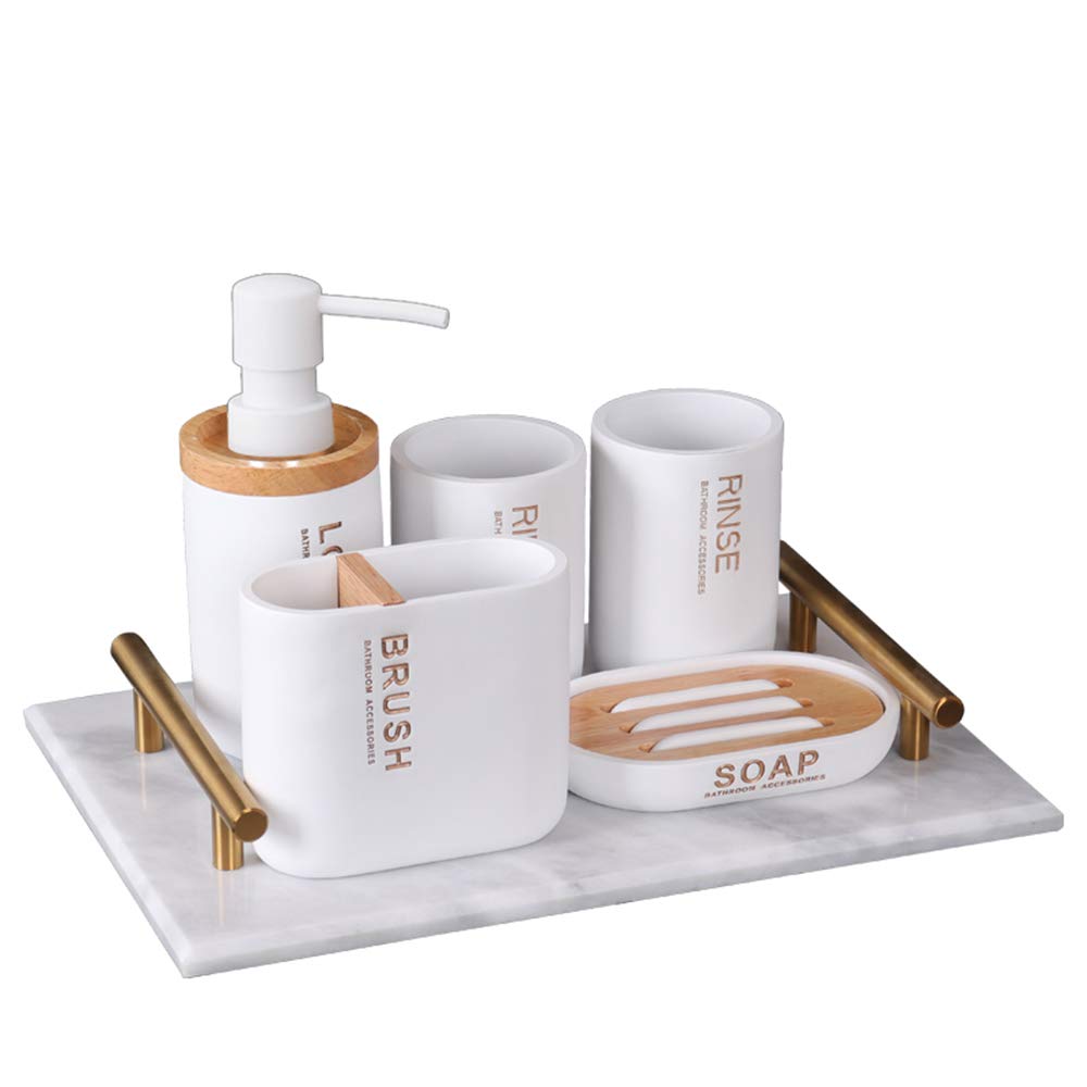 Nórdico Estilo Juego de Accesorios de Baño de Resina Conjunto de Baño con Porta Cepillo de Dientes, 2 Tazas, Dispensador de Jabón Líquido, Jabonera, Blanca,with Handle Tray