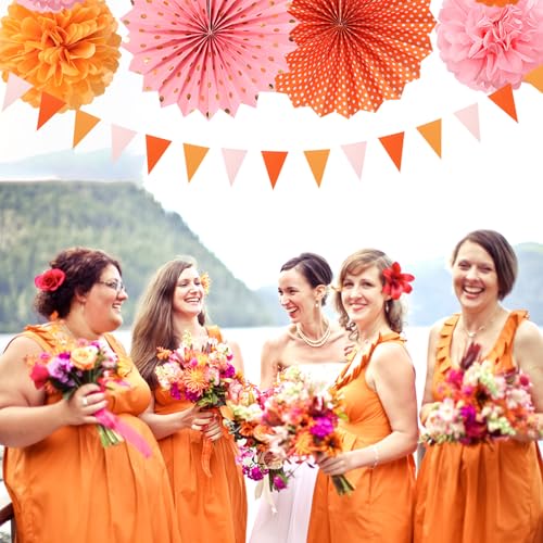 Image of Pink-Orange Groovy Party-Decorations - 20pcs Fall Autumn Thanksgiving Harvest Paper Streamers Lanterns Fans,Tissue Pom Poms,Honeycomb Balls,Bunting,Birthday Baby Bridal Shower Wedding Decor Burgleda