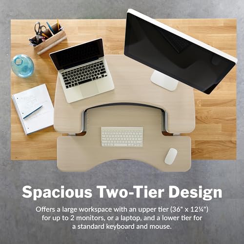 Vari VariDesk Pro Plus 36 - Adjustable Desk Converter with 11 Height Settings - Laptop Sit Stand Desk Riser for Home Office, Table Tops, Workspace - Fully Assembled, Spring Loaded Lift - Light Wood