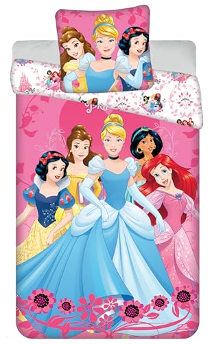 Parure de Lit Princesses Disney Hearts, 100% Coton, Housse de Couette Réversible 140x200 cm + Taie d'oreiller 65x65 cm, avec Ariel, Jasmine, Cendrillon, Belle et...