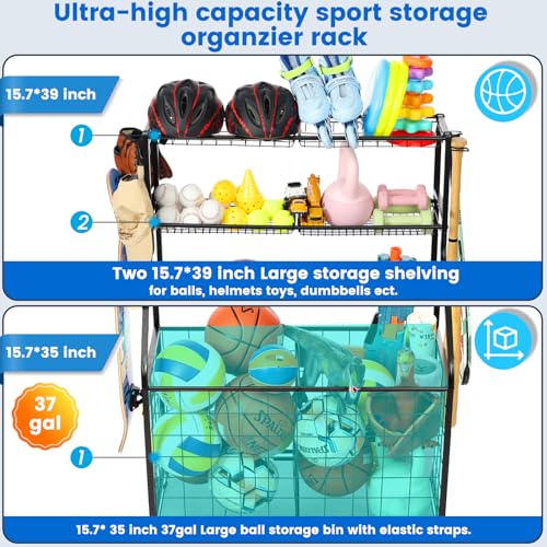 Kinghouse Sport Equipment Organizer for Garage, Steel Basketball Rack with Baseball Bat Holder and Hooks, Easy Assembly Storage for Balls, Kids' Toys, and Workout Gear in Basement, Home Gym, Outdoor