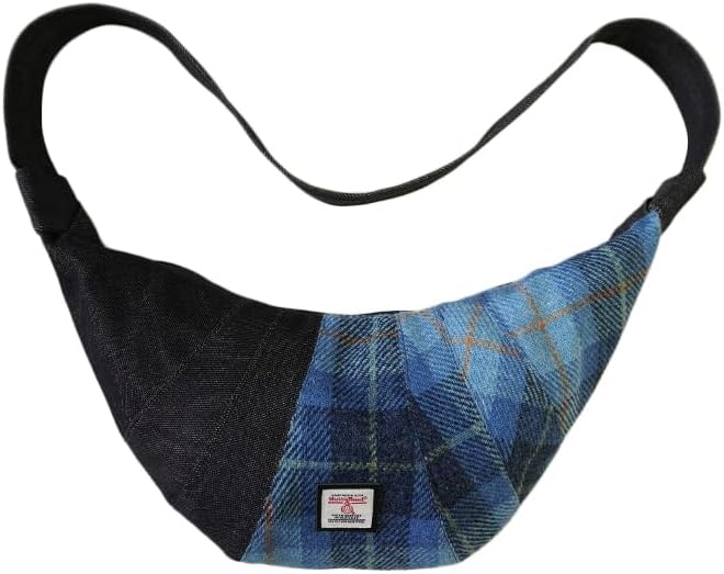 Harris Tweed Crescent Crossbody Bag for Women and Men, Tartan Wool & Denim Hobo Shoulder Bag, Vintage Travel Purse