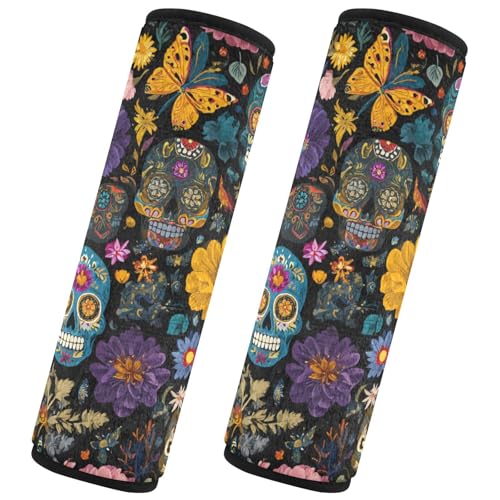 Image of Mexican Skulls and Flowers Seat Belt Cover Pad 2 Pcs Soft Cute Seatbelt Covers Protector Support Head Neck Shoulder Strap for Car Seats High Chair Backpack for Adults Kids Women Men 10x7.7In 2