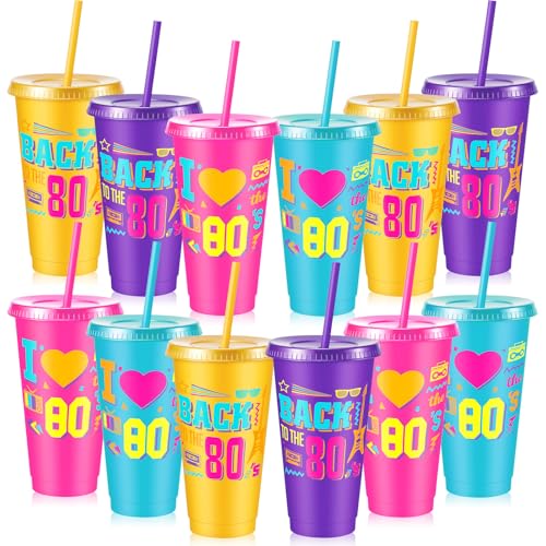 Uiifan 12 bicchieri di plastica per feste anni '80, 680,4 g, bicchieri riutilizzabili con coperchio e cannuccia, bicchieri retrò per feste a tema anni '80, decorazione di compleanno, musica retrò
