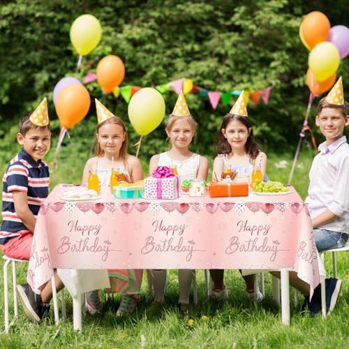 Image of WNINK 6 Pack Pink & Rose Gold Happy Birthday Tablecloths, Disposable Plastic Rectangular Table Covers for 6th 21st 30th 40th 50th Women Girls Birthday Party 54 x 108 Inches