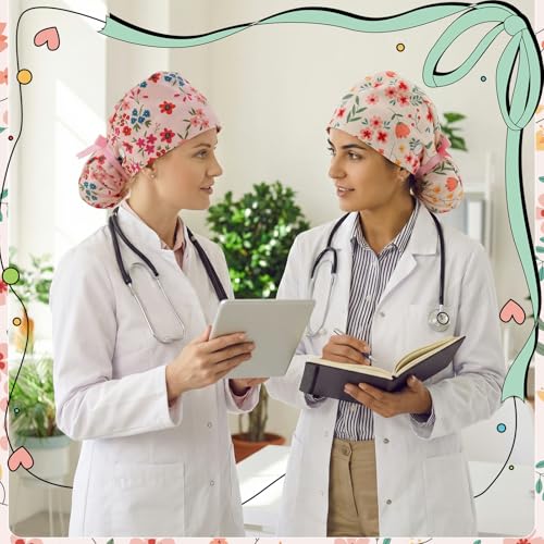 JATEBI Ponytail Scrub Caps for Women 6 Pcs - Satin Lined Pink Floral Surgical Cotton Nurse Hats with Buttons and Sweatband, Adjustable Working Cap Pouch Tie Back for Nurses(Pink)
