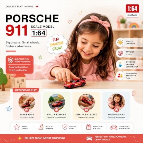 Image of Porsche 911 GT3 RS Die-Cast Metal Toy Car |1:64 Scale Collectible Model with Free Rolling Wheels | Realistic Sports Car Replica for Kids Age 3+ (Porsche 911 GT3 RS - 1:64 Scale Miniature Car)