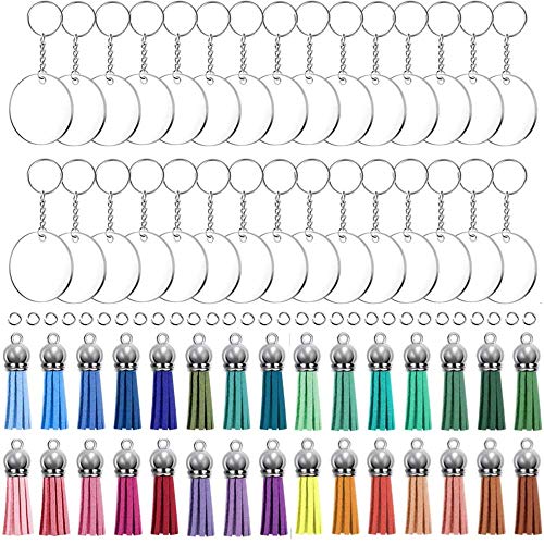 KINGFOREST 120PCS Acrylic Keychain Blanks, Including 30 PCS Keychain Rings(1 inch),30 PCS Jump Rings, 30 PCS Acrylic Circle Disc(2 inches) and 30 PCS Craft Tassels for DIY Keychain Vinyl Craft.