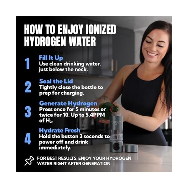 EVOLV Hydrogen Water Bottle Generator – SPE & PEM Water Ionizer 5.4PPM, Highest H2 Concentration – Portable 8oz Hydrogenated Water Bottle – Leak-Proof Hydrogen Water Machine, Easy to Use – Carbon - Image 6