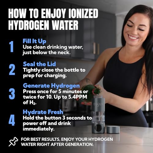 EVOLV Hydrogen Water Bottle Generator – SPE & PEM Water Ionizer 5.4PPM, Highest H2 Concentration – Portable 8oz Hydrogenated Water Bottle – Leak-Proof Hydrogen Water Machine, Easy to Use – Carbon