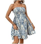BEAUDRM Women's Maternity Dress Allover Print Loose Tube Dress Strapless Ruffle Hem Shirred A Lin...