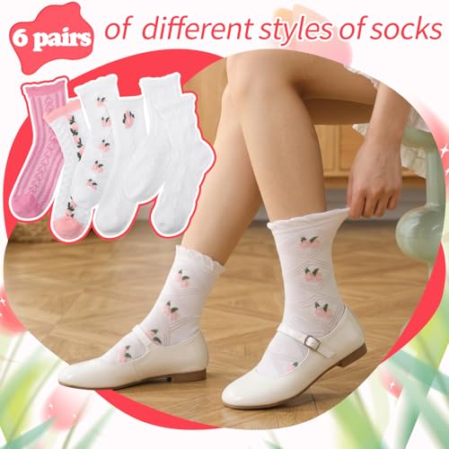 Image of Jspupifip 6 Pairs Lace Ruffle Frilly Crew Socks for Women Girls | Cotton Breathable Cute Princess Ankle Dress Lace Socks Thin Cool Casual Socks