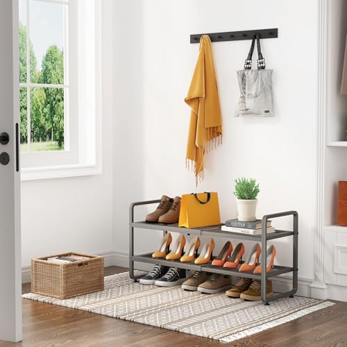 Image of SNTD Shoe Rack - Expandable Shoe Organizer for Closet, Adjustable Metal Shoe Shelf Storage, Stackable Long Shoe Stand Holder for Garage, Entryway, Door Entrance (Grey, 2-Tier)