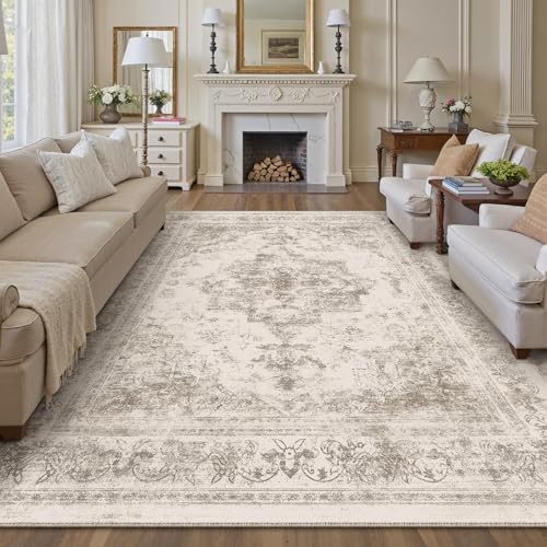 Area Rug 9x12 Beige Washable Living Room Carpet Non Slip Vintage Medallion Indoor Bedroom Carpet Low Pile Soft Retro Distressed Large Rug Home Office Dining Room Playroom