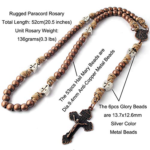 HanlinCC Large and Heavy Antique Bronze Metal Beads Rugged Durable Paracord Rosary Necklace with St.Michael Center Piece and Pardon Crucifix for Men