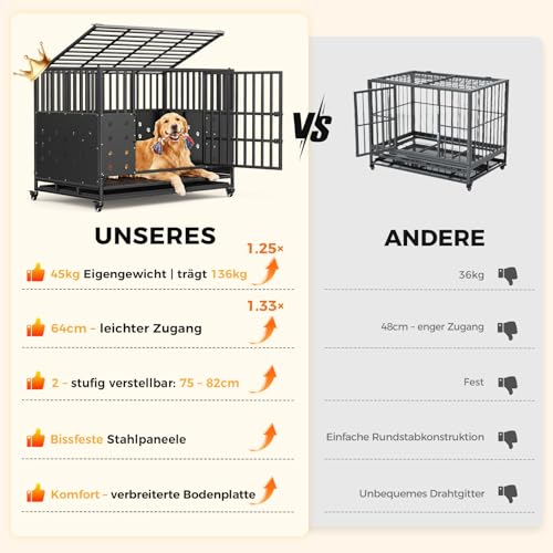 121 x 78 x 93 cm Hundekäfig hochbelastbar für große Hunde, Bissfeste Paneele, Einstellbare Innenhöhe, Hundebox mit 4 Arretierbare Rollen, Verbreiterter Komfortboden, Extra Breite Tür, Hausti-2