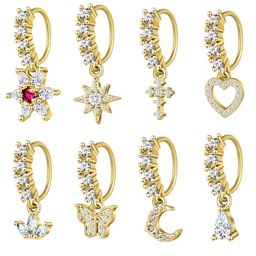 Dangle Nose Rings Hoop for Women Septum Nose Piercing Jewelry Cartilage Earring CZ Flower Leaf Star Butterfly Daith Tragus Helix Lip Piercing, Silver Gold Rose Gold