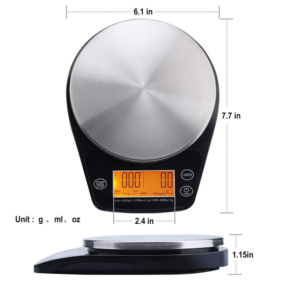 Báscula electrónica digital de acero inoxidable para cocina con funciones de temporización, báscula multifunción de alta precisión de 0,1 g para hornear en la cocina, 3 unidad(Un color - 3 kg/0,1 g)