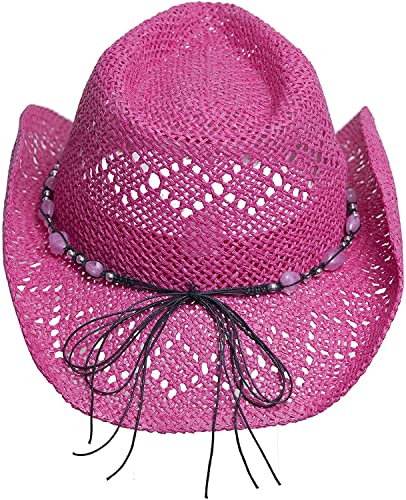 Vamuss Straw Cowboy Hat For Women With Beaded Trim And Shapeable Brim (Pink) #TOP4