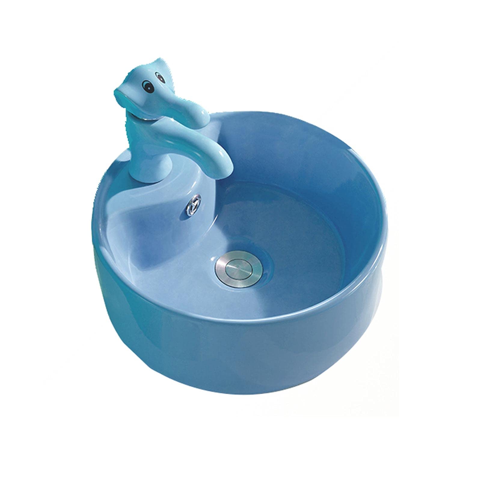 Sjdopulse Blue Cute Round Ceramic Bathroom Sink With Animal Shaped Faucet Washbasin Set Ceramic Bathroom Sink Small Sink,