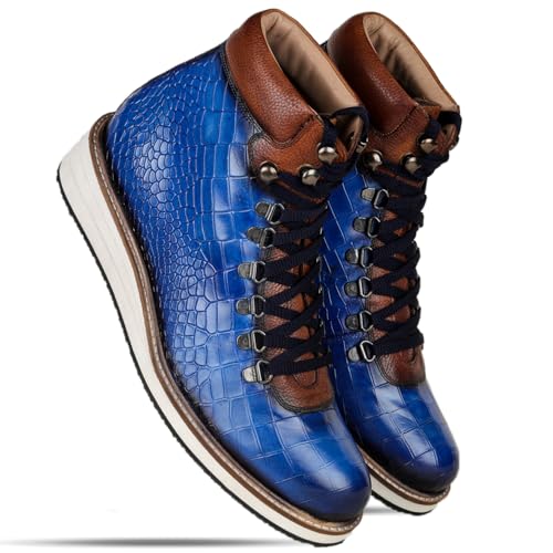 Image of Textured Hiking Boots with High Top Ankle with Lace Up Closure | Cushioned Footbed | Block Heel and EVA Outsole | Leather Upper | Casual & Outdoor Footwear for Men