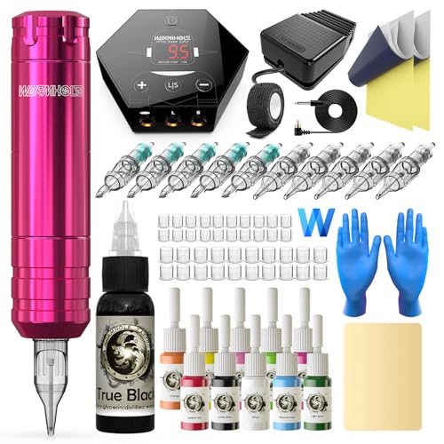 Wormhole Tattoo Kit for Beginners Complete Rotary Tattoo Machine Kit with 11PCS Tattoo Ink 10PCS Cartridge Needles Dual Protection Power Supply Full Accessories, All-in-One Tattoo Supplies WTK104