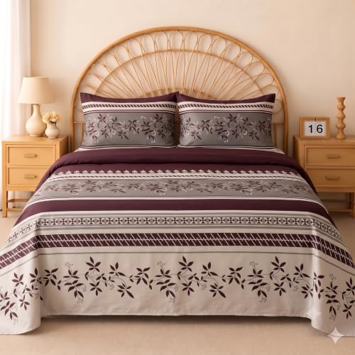 Image of IVAZA 240 TC Soft Ezyption Cotton Floral Print King Size Bedsheet - with 2 Pillow Covers, Hypoallergenic, Brethable, (Size- 90 x 90 Inch) Wine Floral