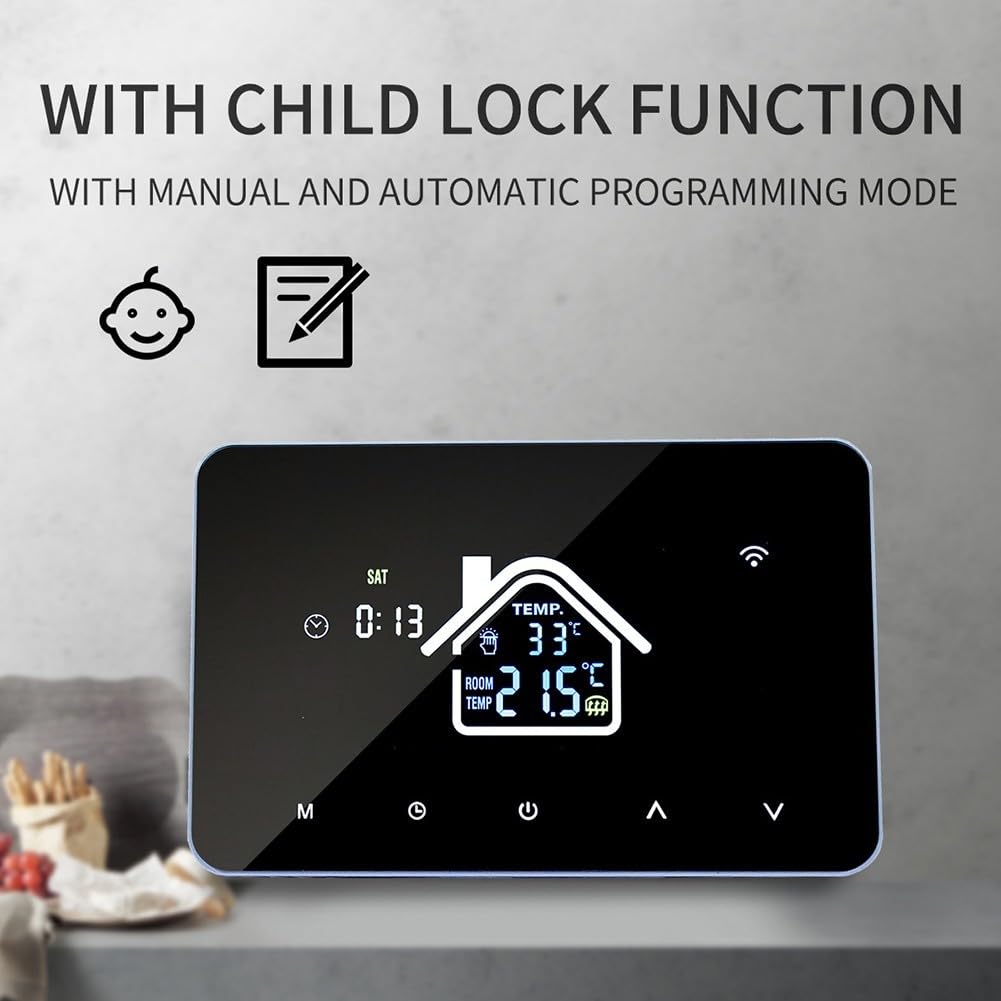 Regolatore di temperatura intelligente con touch screen e controllo app per sistemi di riscaldamento centralizzato con blocco bambini e impostazioni programmabili nero (elettricità 16A)