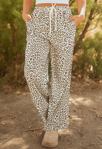 Womens Leopard Print Pants Elastic Waist Drawstring Pants Fall Loose Fiffting Lightweight Casual Trousers3