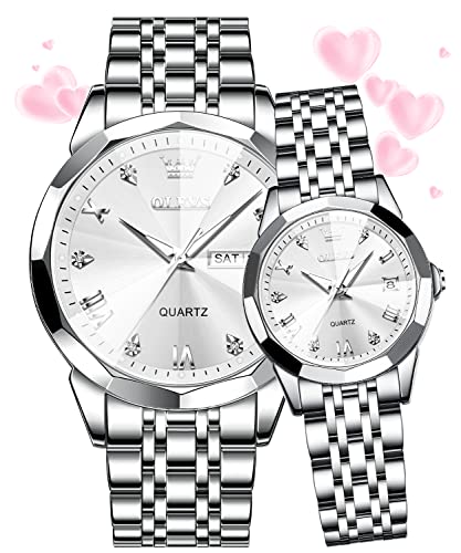 OLEVS His and Her Watch Set - Couple Watches Silver Analog Quartz for Men and Women - Stainless Steel Waterproof Luminous Date White Wrist Watch