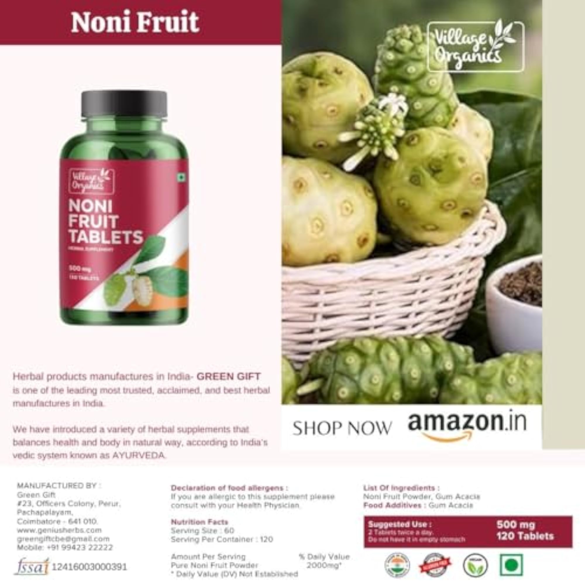 Village Organics Noni Fruit Tablets, Natural Wellness Booster