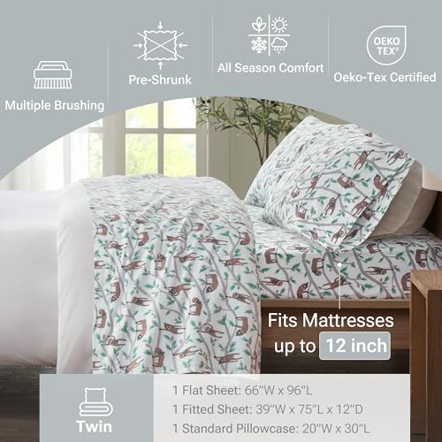 True North by Sleep Philosophy Cozy Flannel Warm 100% Cotton Sheet - Novelty Print Animals Stars Cute Ultra Soft Cold Weather Bedding Set, Twin, Multi Sloth 3 Piece