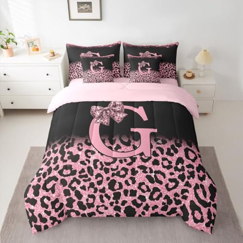Image of Feelyou Bow Initial Letter G Comforter Set Twin Size 7 Pieces Glitter Leopard Print Bedding Set Kids Boys Girls Girly Bow Bed in a Bag with Comforter, Sheets, Pillowcases, Cushion Covers Bedroom Decor