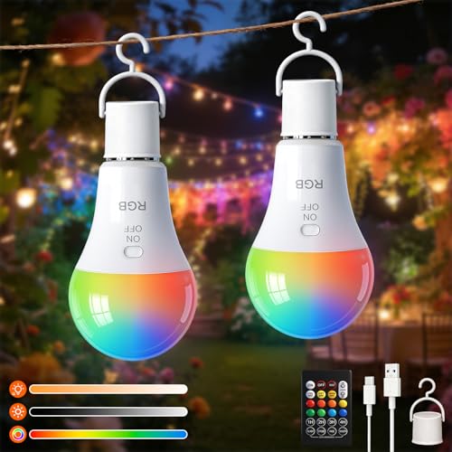 Ketom Lot de 2 RGB Ampoules Rechargeables avec Télécommande, Ampoule Sans Fil E27, 3 Températures de Couleur, 7W Dimmable, Contrôle des Boutons, Ampoule...