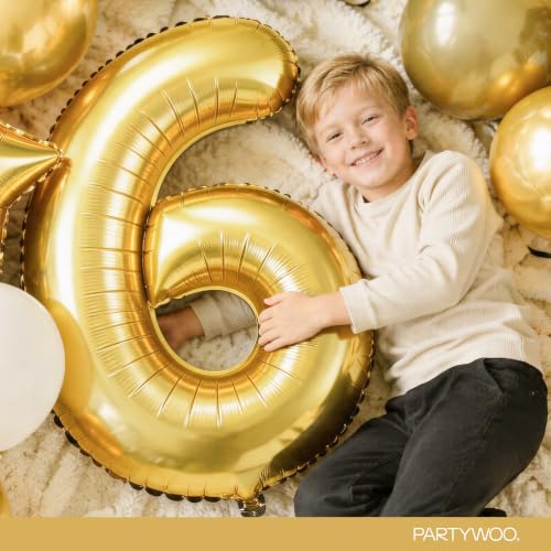 Image of PartyWoo Metallic Gold Number 6 Balloon 40 Inch 25pcs Gold Foil Star White