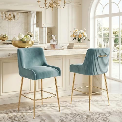 26” Velvet Counter Height Bar Stools Set of 2,Upholstered bar Chair Gold Bar Stools with Back, Beige Island Chairs with Gold Chrome Plated Metal Leg,Barstools for Kitchen Counter Beige Set O